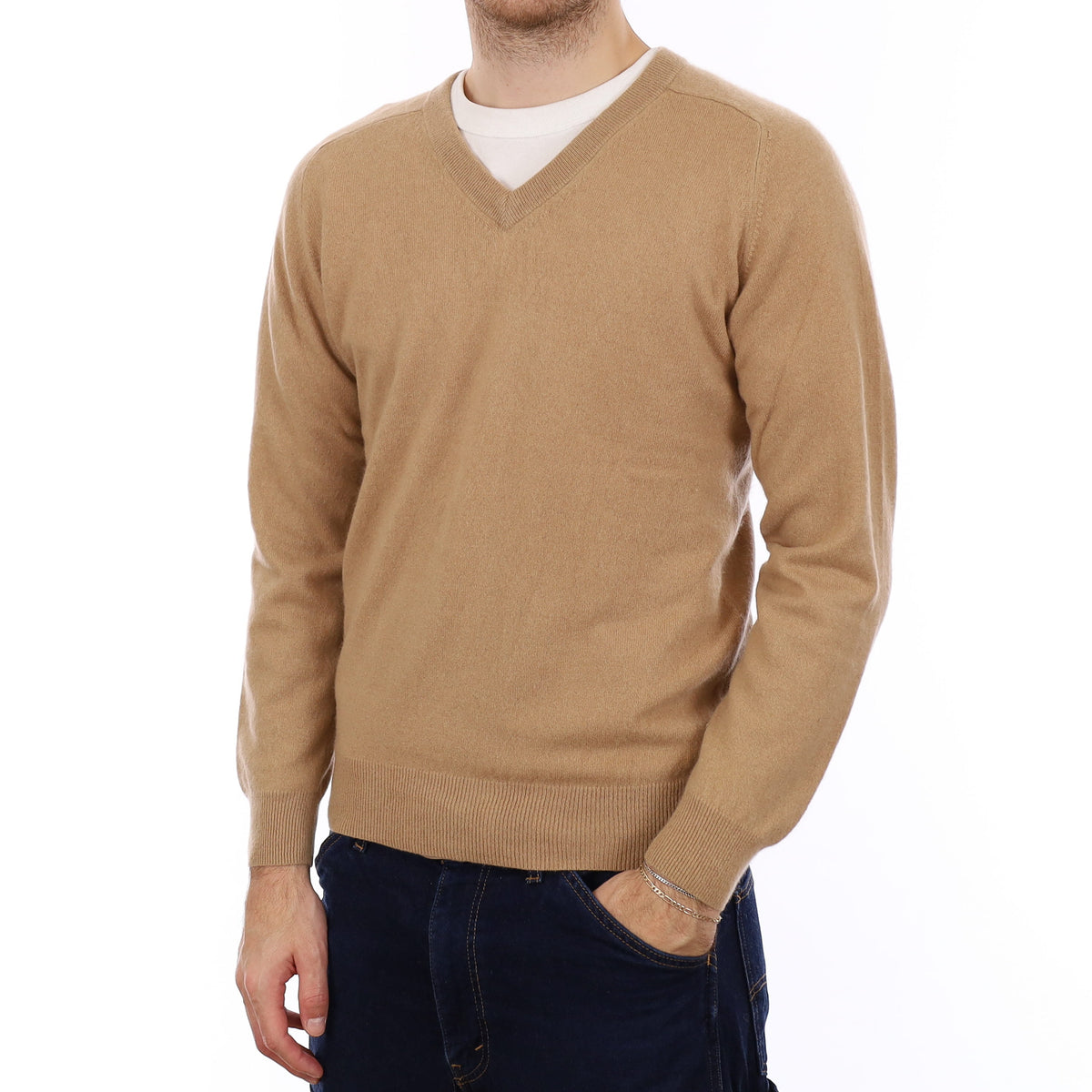 Men's Camel Brown Cashmere V Neck Jumper Medium