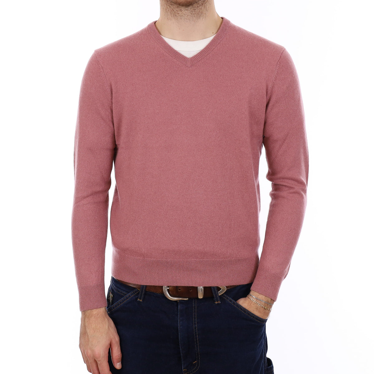 Men's Dusky Pink Cashmere V Neck Jumper Medium