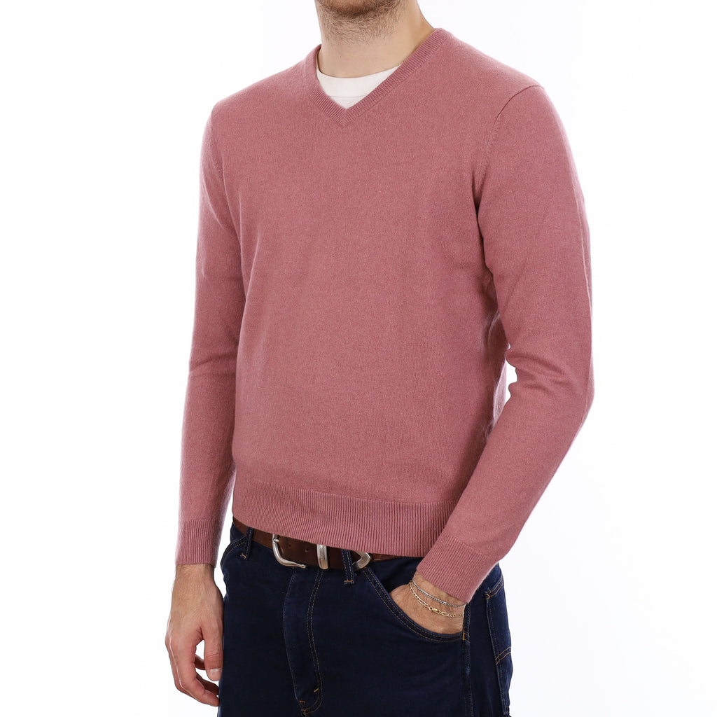 Men's Dusky Pink Cashmere V Neck Jumper Medium