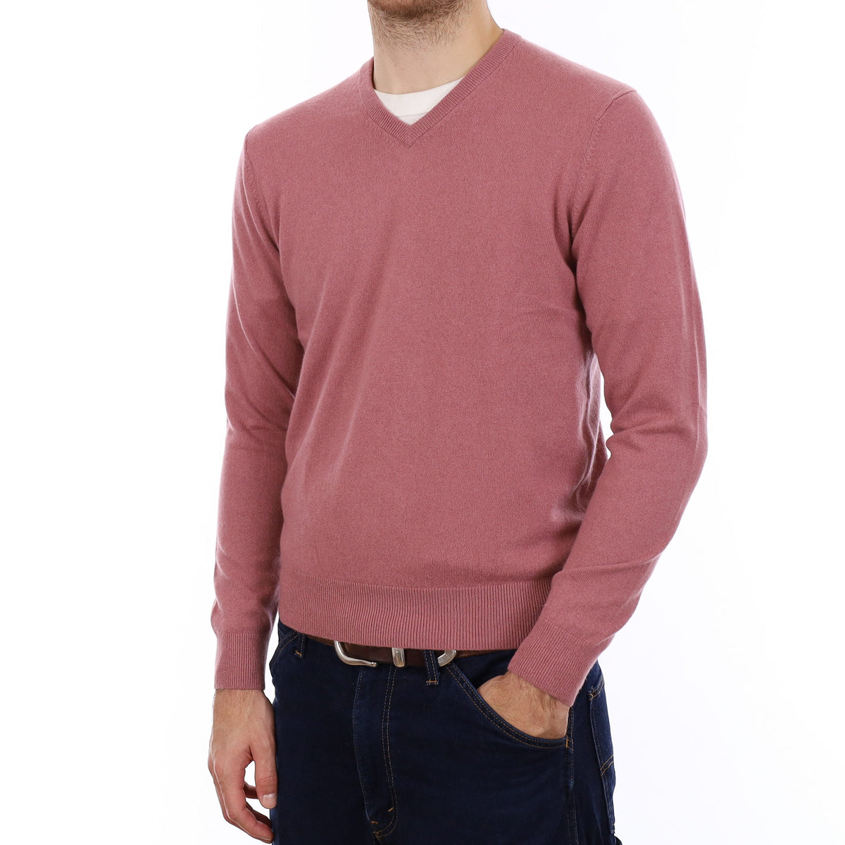 Men's Dusky Pink Cashmere V Neck Jumper Medium