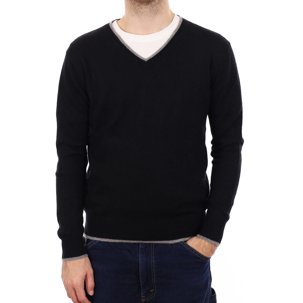 Men's Black and Grey Logo Cashmere V Neck Jumper Medium