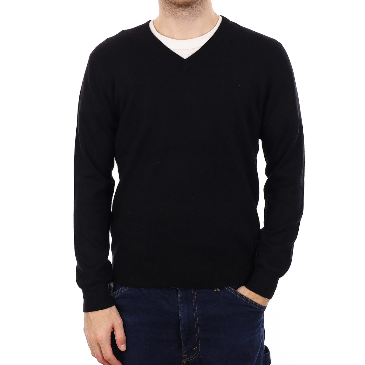 Men's Black Cashmere V Neck Jumper Medium
