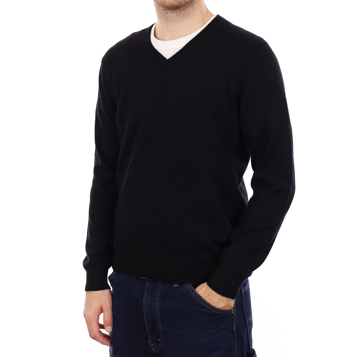 Men's Black Cashmere V Neck Jumper Medium