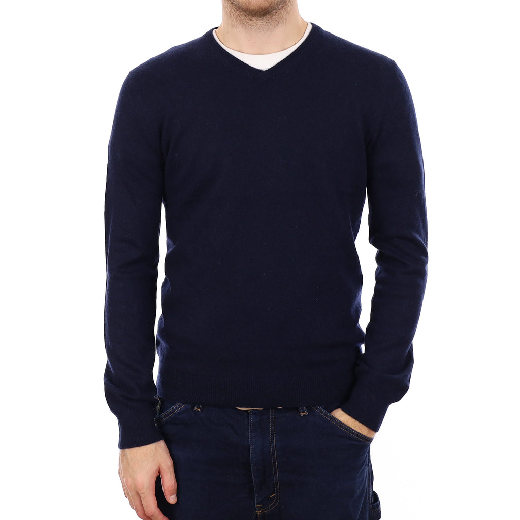 Men's Navy Blue Cashmere V Neck Jumper Medium