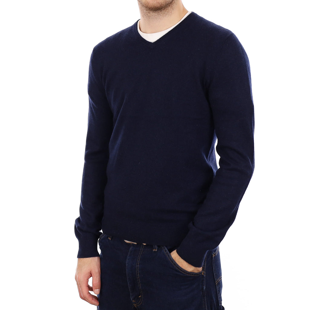 Men's Navy Blue Cashmere V Neck Jumper Medium