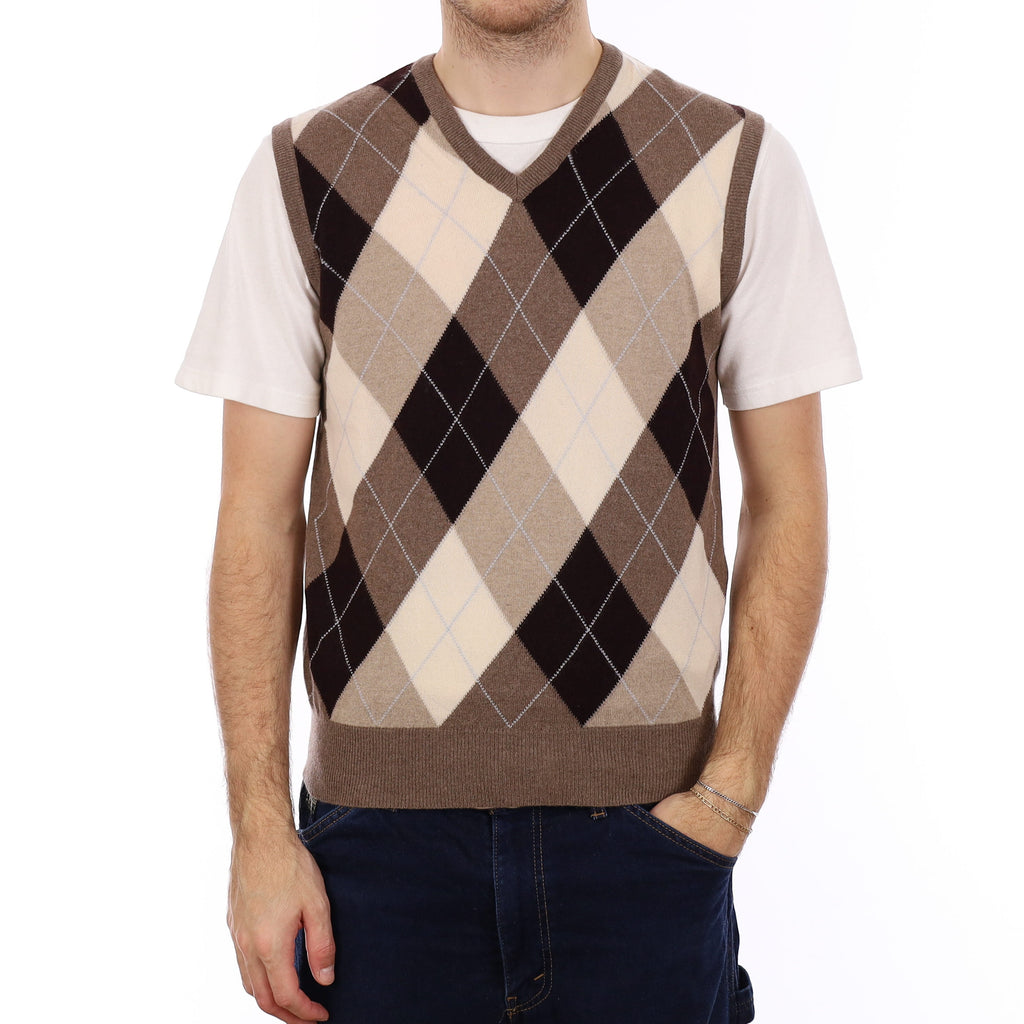 Men's Mink and Aubergine Argyle Cashmere V Neck Tank Top Medium