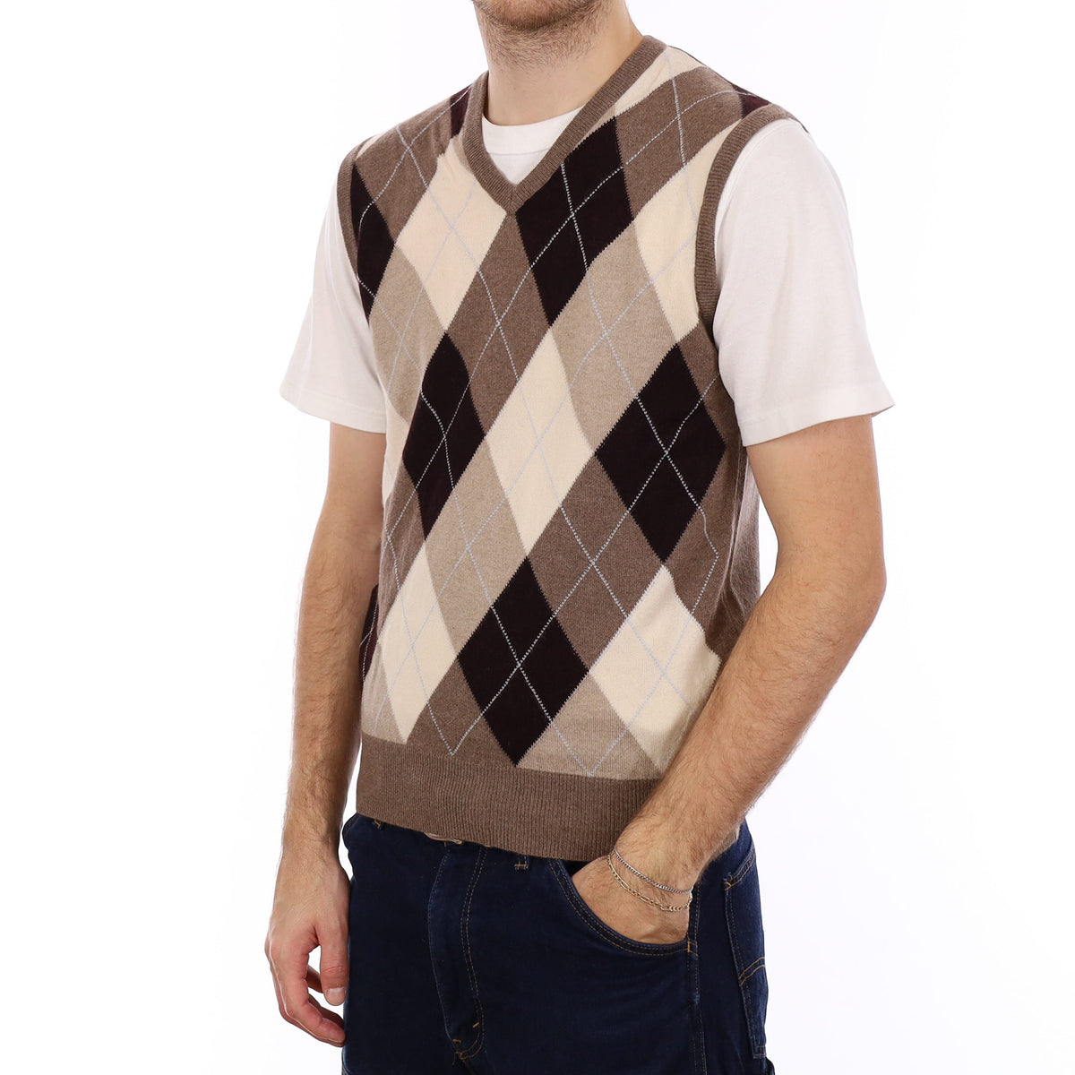 Men's Mink and Aubergine Argyle Cashmere V Neck Tank Top Medium