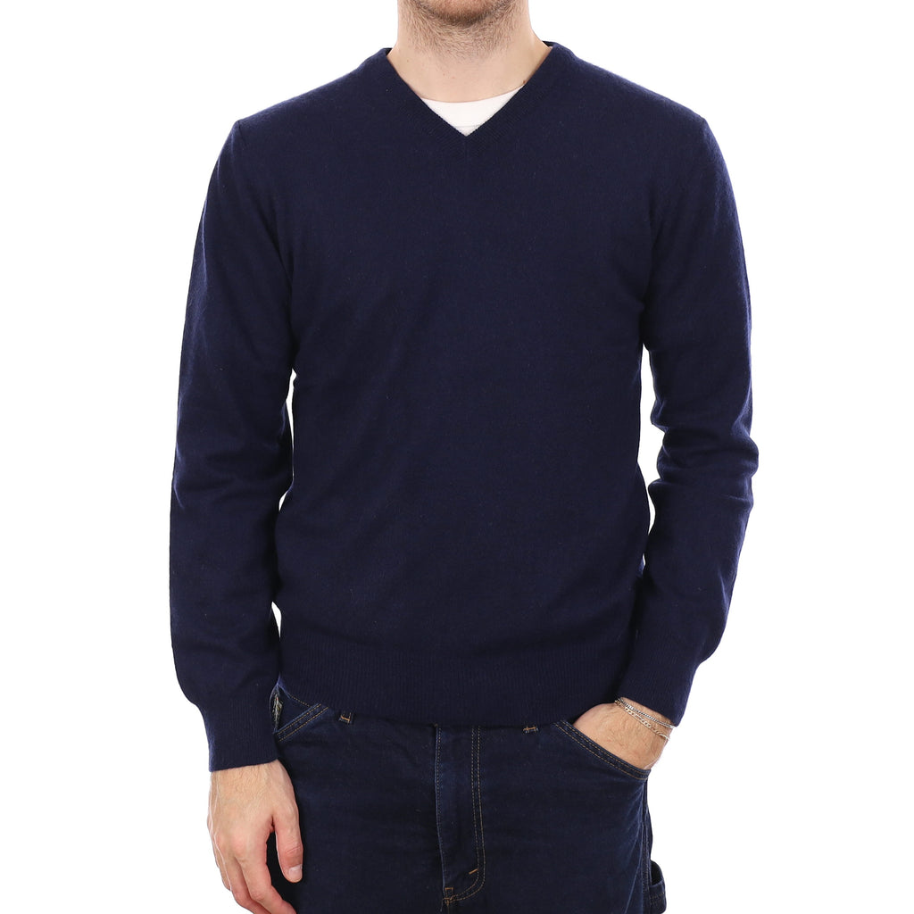Men's Navy Blue Cashmere V Neck Jumper Medium