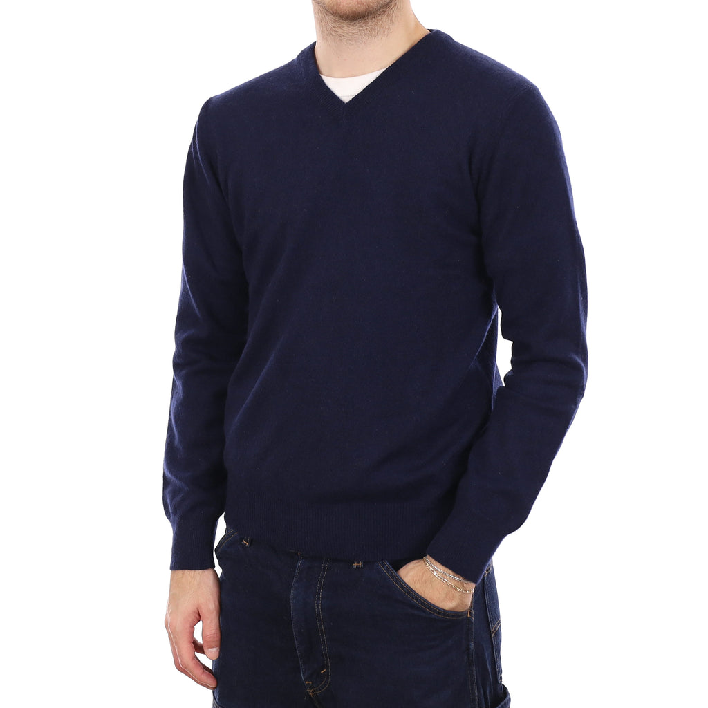 Men's Navy Blue Cashmere V Neck Jumper Medium