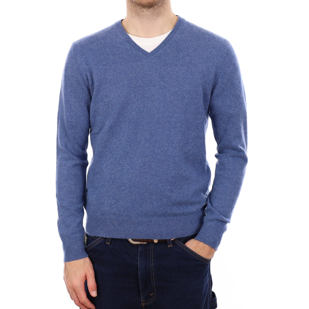 Men's Denim Blue Cashmere V Neck Jumper Medium