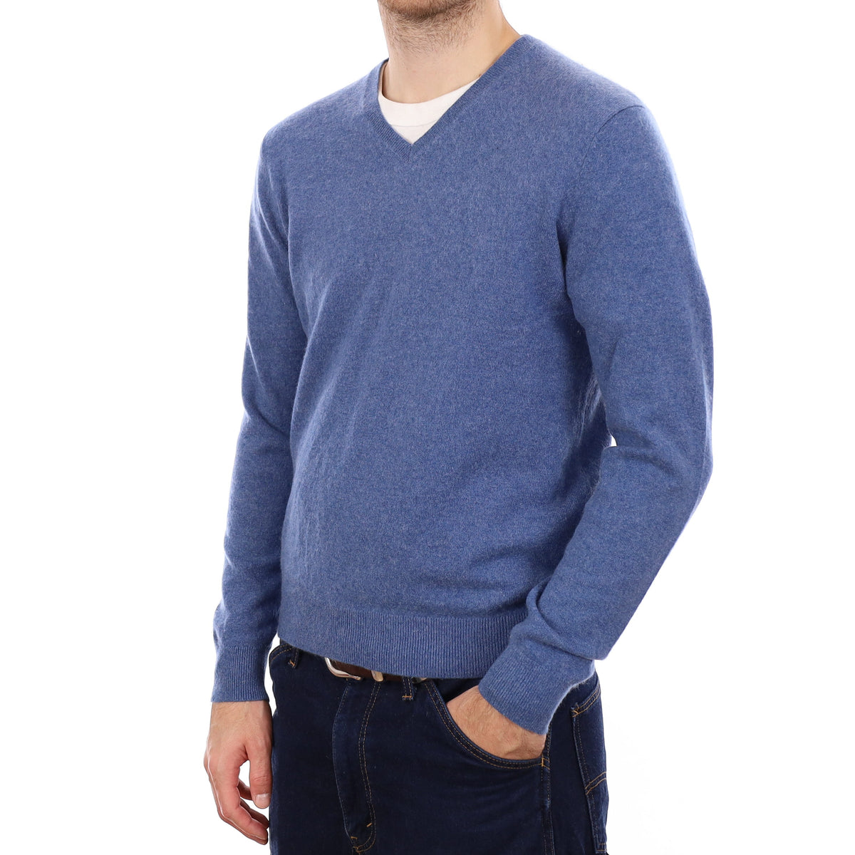 Men's Denim Blue Cashmere V Neck Jumper Medium