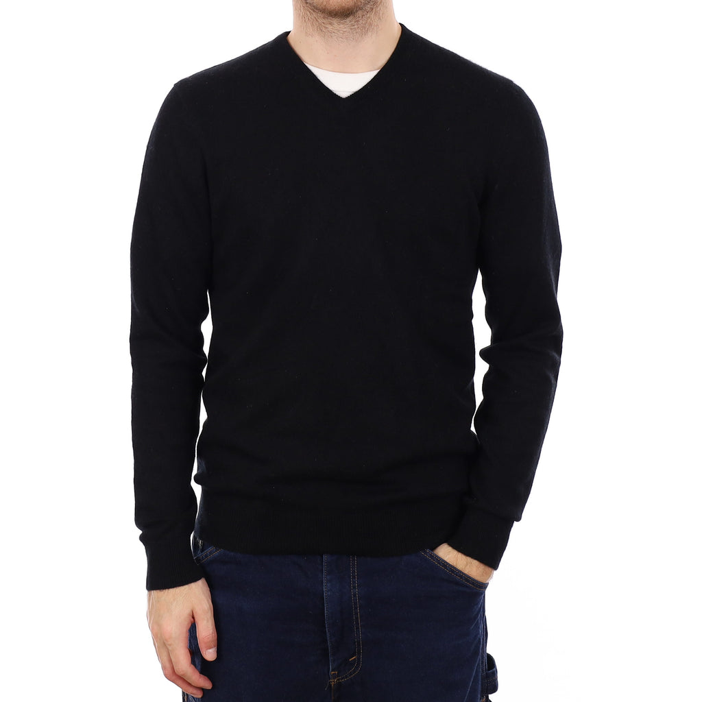 Men's Black Cashmere V Neck Jumper Medium