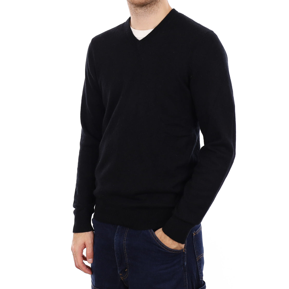 Men's Black Cashmere V Neck Jumper Medium