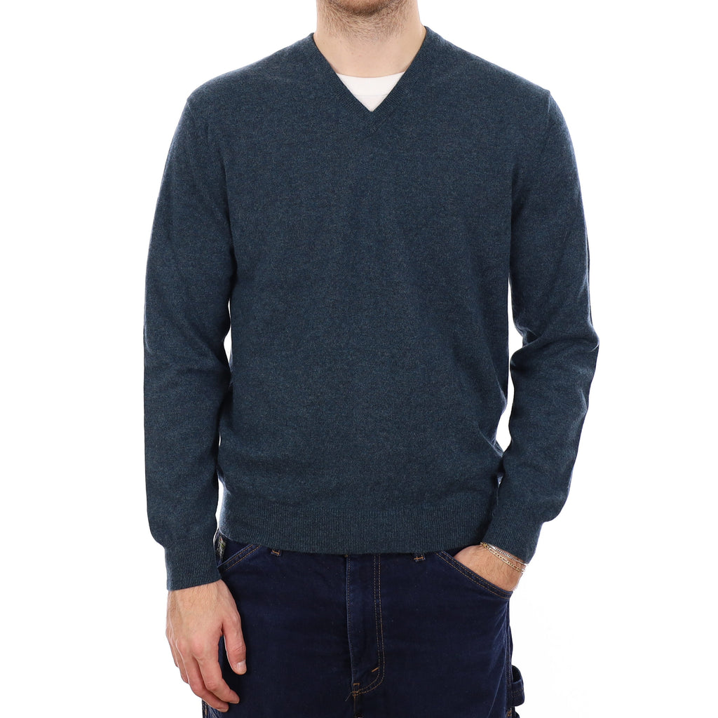 Men's N Peal Petrol Blue Cashmere V Neck Jumper Medium