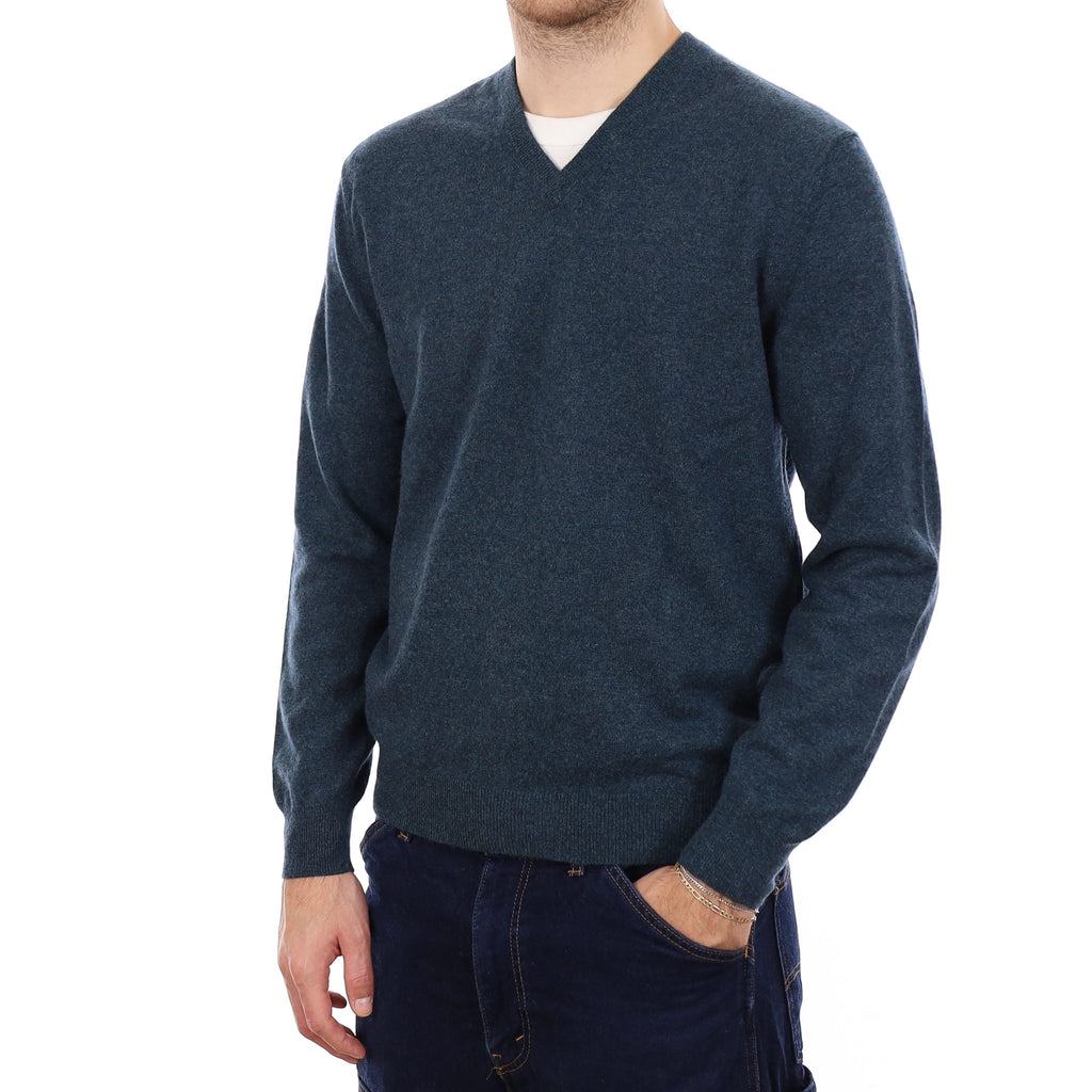 Men's N Peal Petrol Blue Cashmere V Neck Jumper Medium