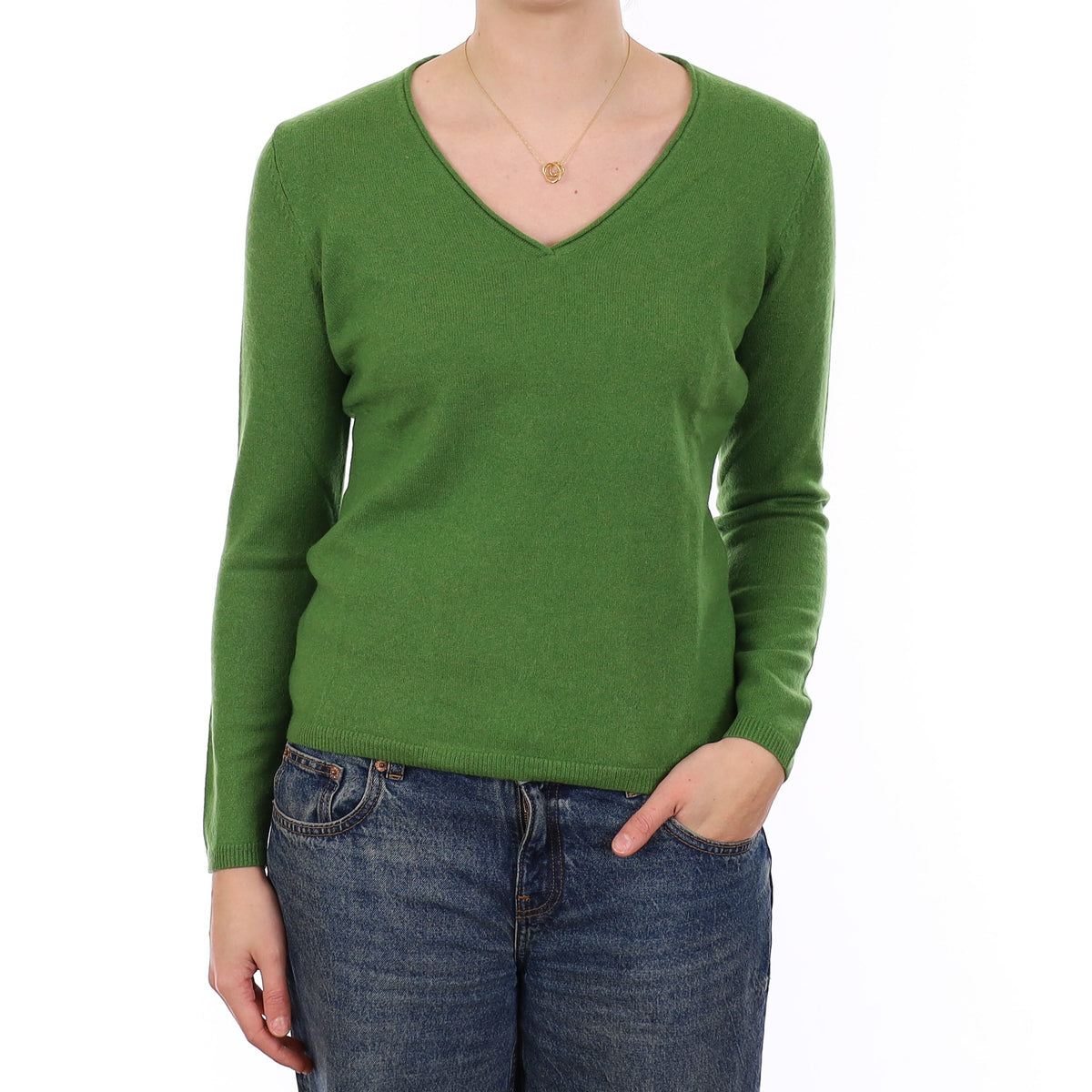 Fern Green Cashmere V Neck Jumper Medium
