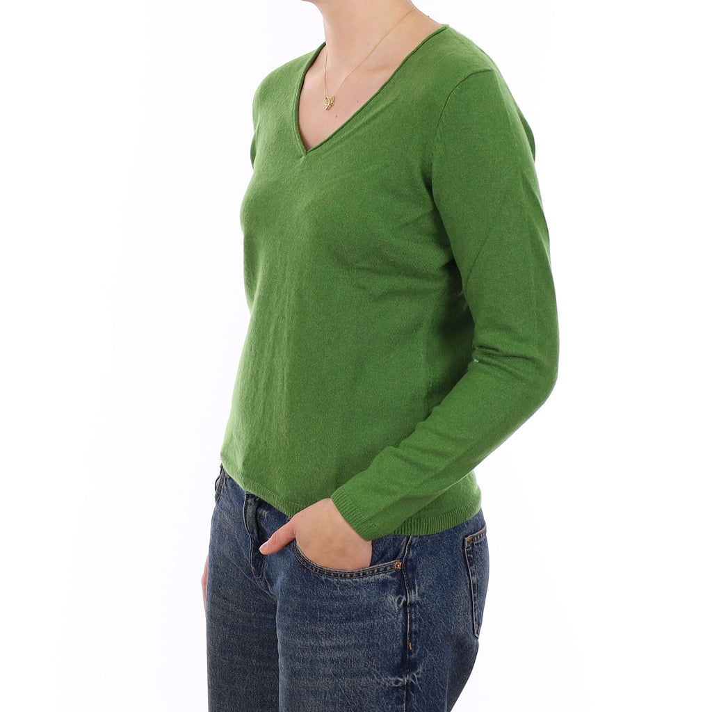 Fern Green Cashmere V Neck Jumper Medium