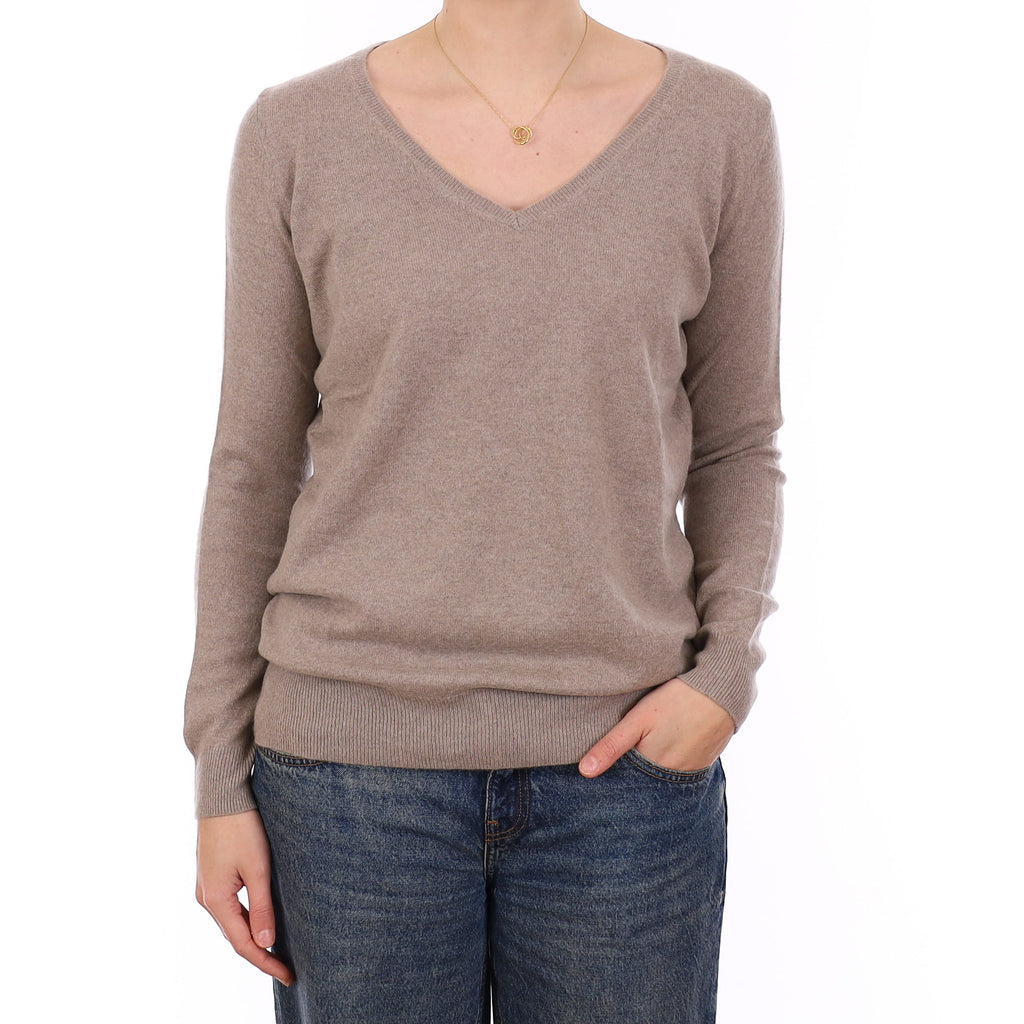 Fawn Beige Cashmere Longline V Neck Jumper Medium