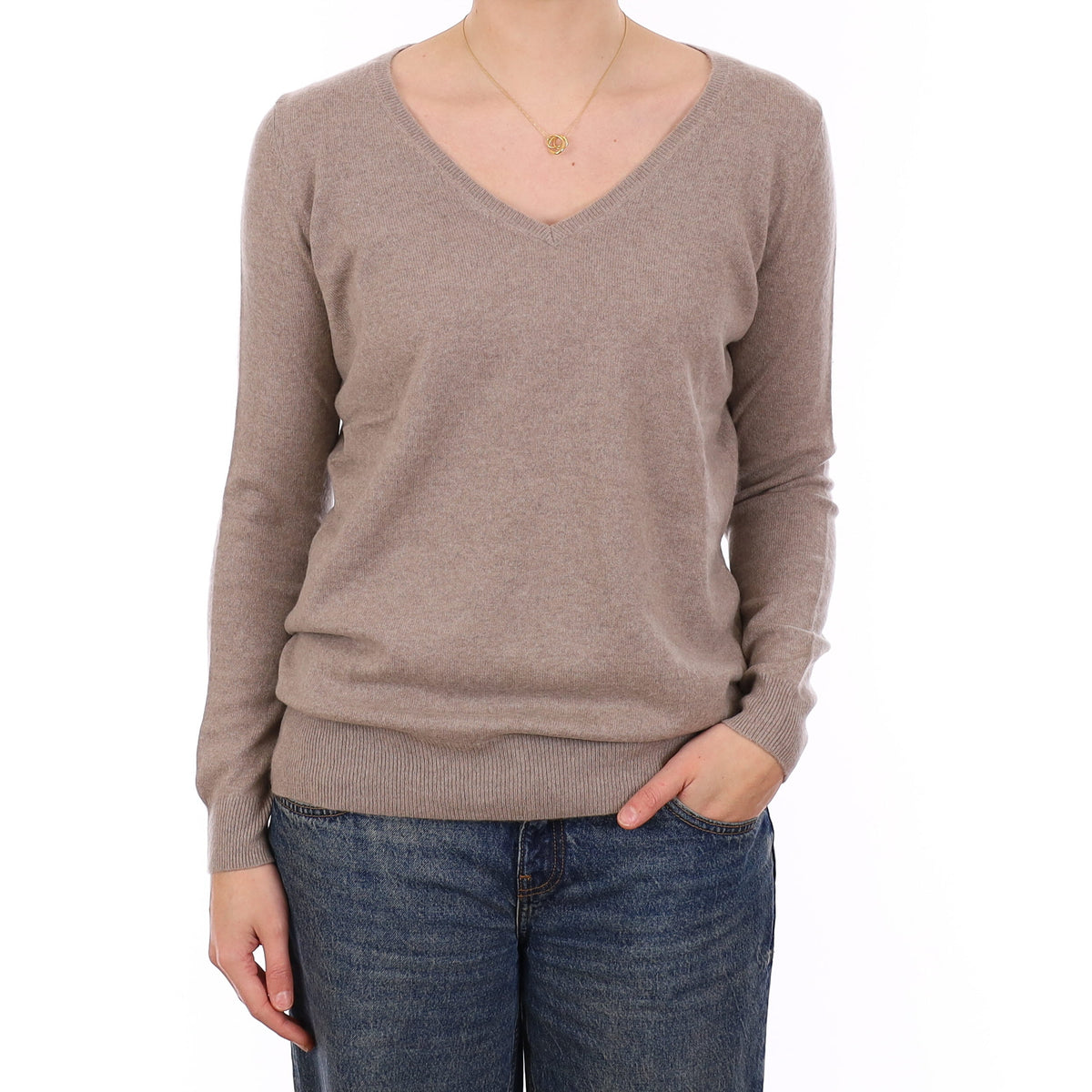 Fawn Beige Cashmere Longline V Neck Jumper Medium