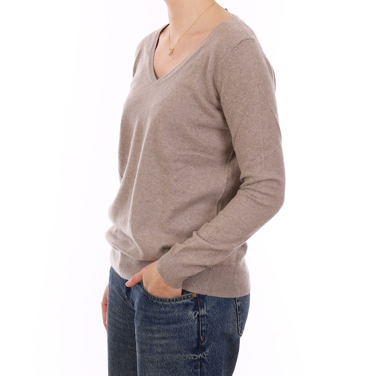 Fawn Beige Cashmere Longline V Neck Jumper Medium
