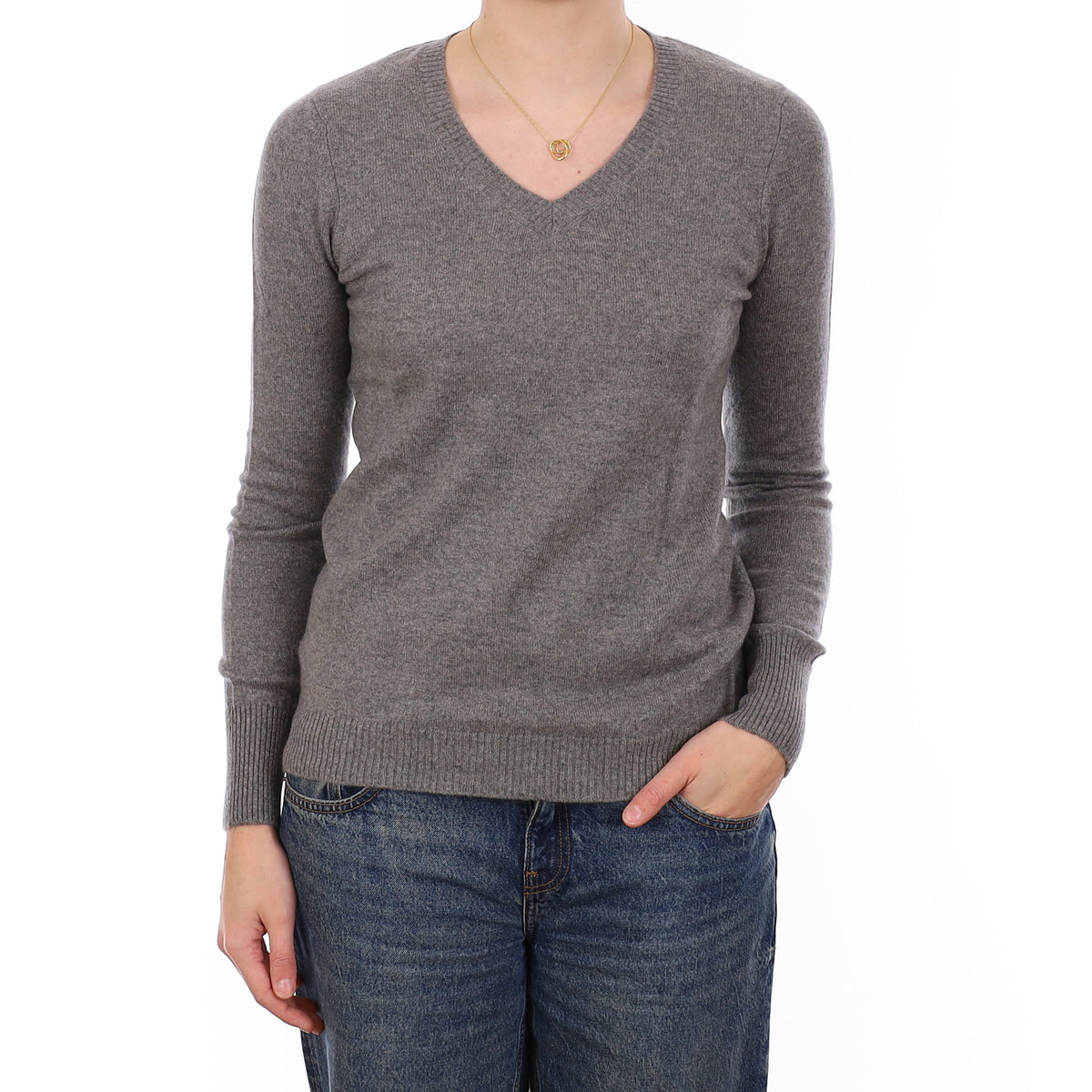 Steel Grey Cashmere V Neck Jumper Medium