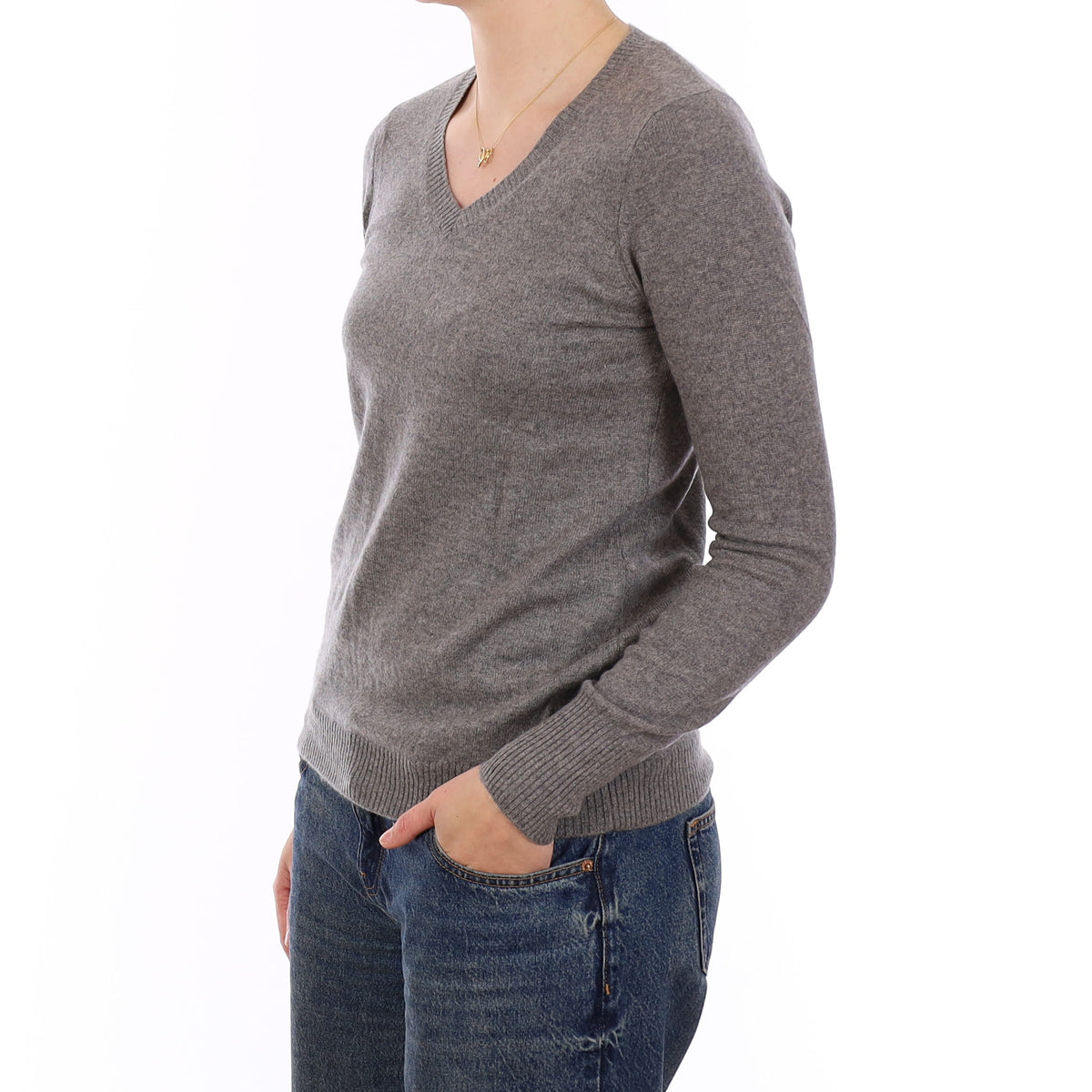 Steel Grey Cashmere V Neck Jumper Medium