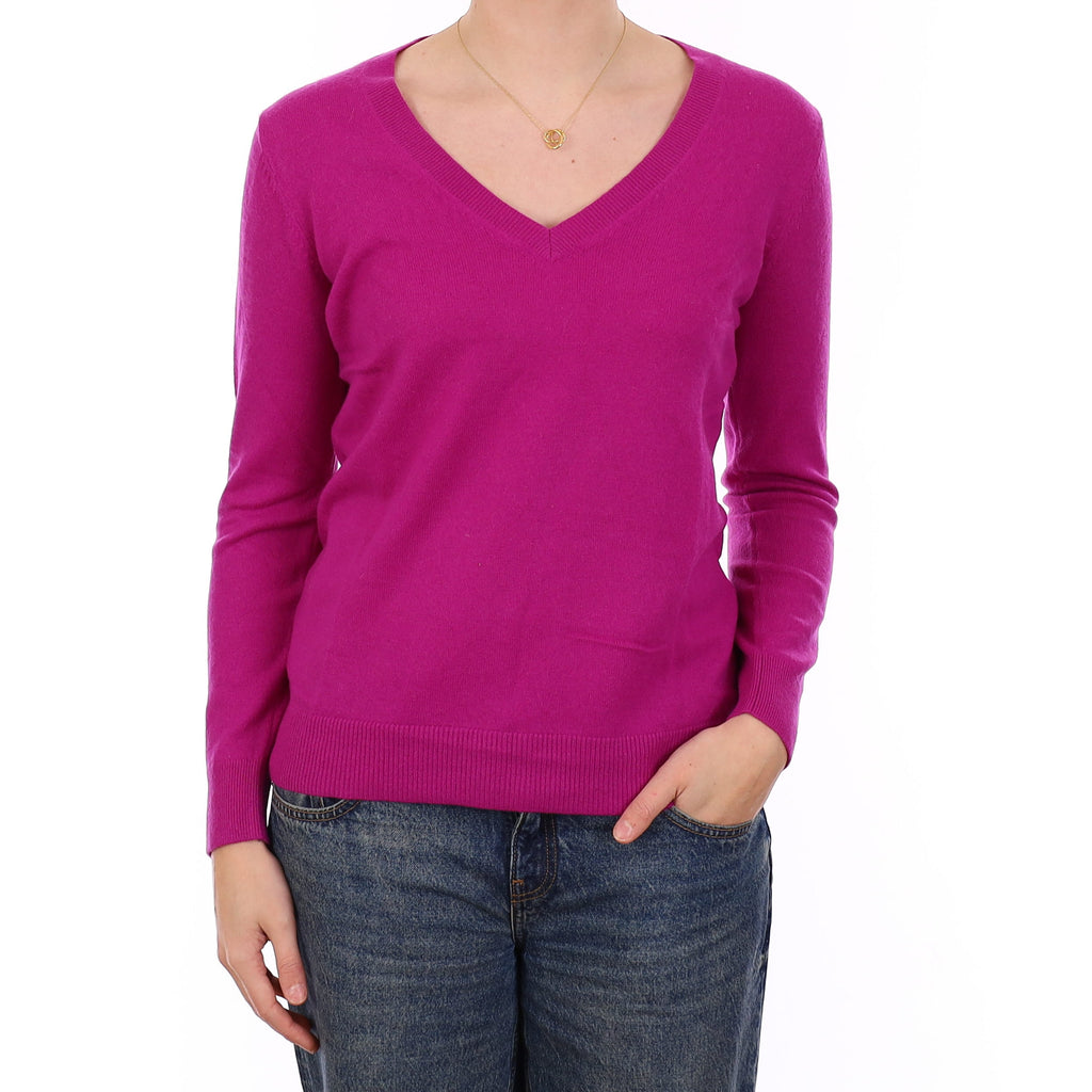 Magenta Pink Cashmere Longline V Neck Jumper Medium