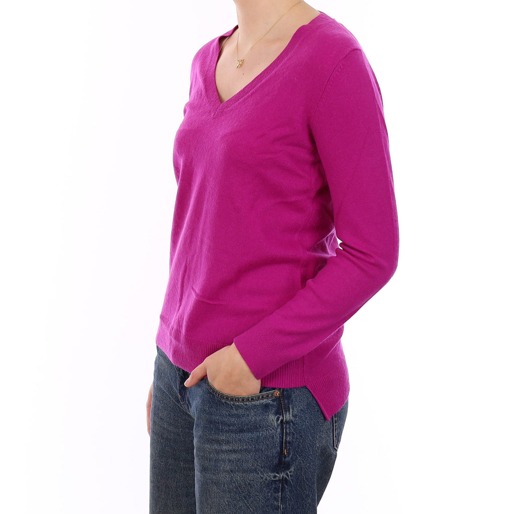 Magenta Pink Cashmere Longline V Neck Jumper Medium