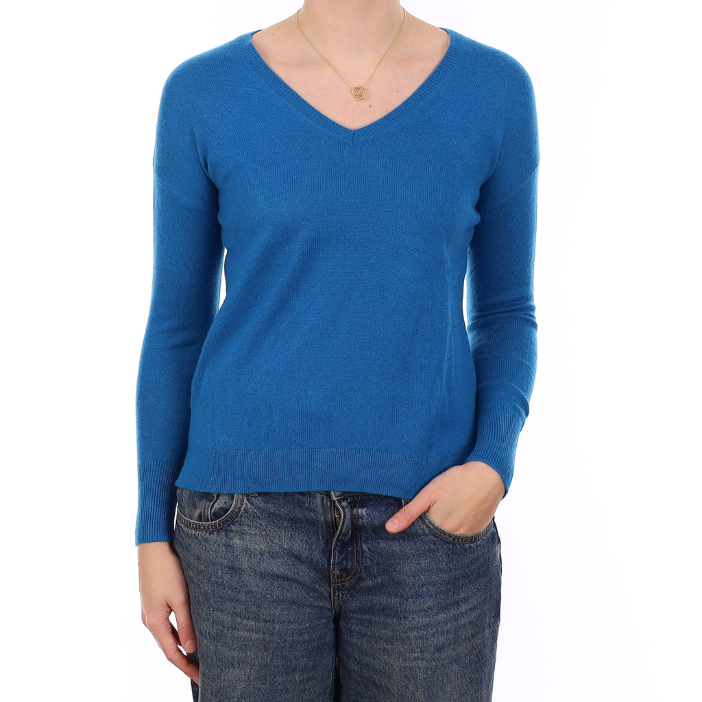Turquoise Blue Cashmere Drop Shoulder V Neck Jumper Medium