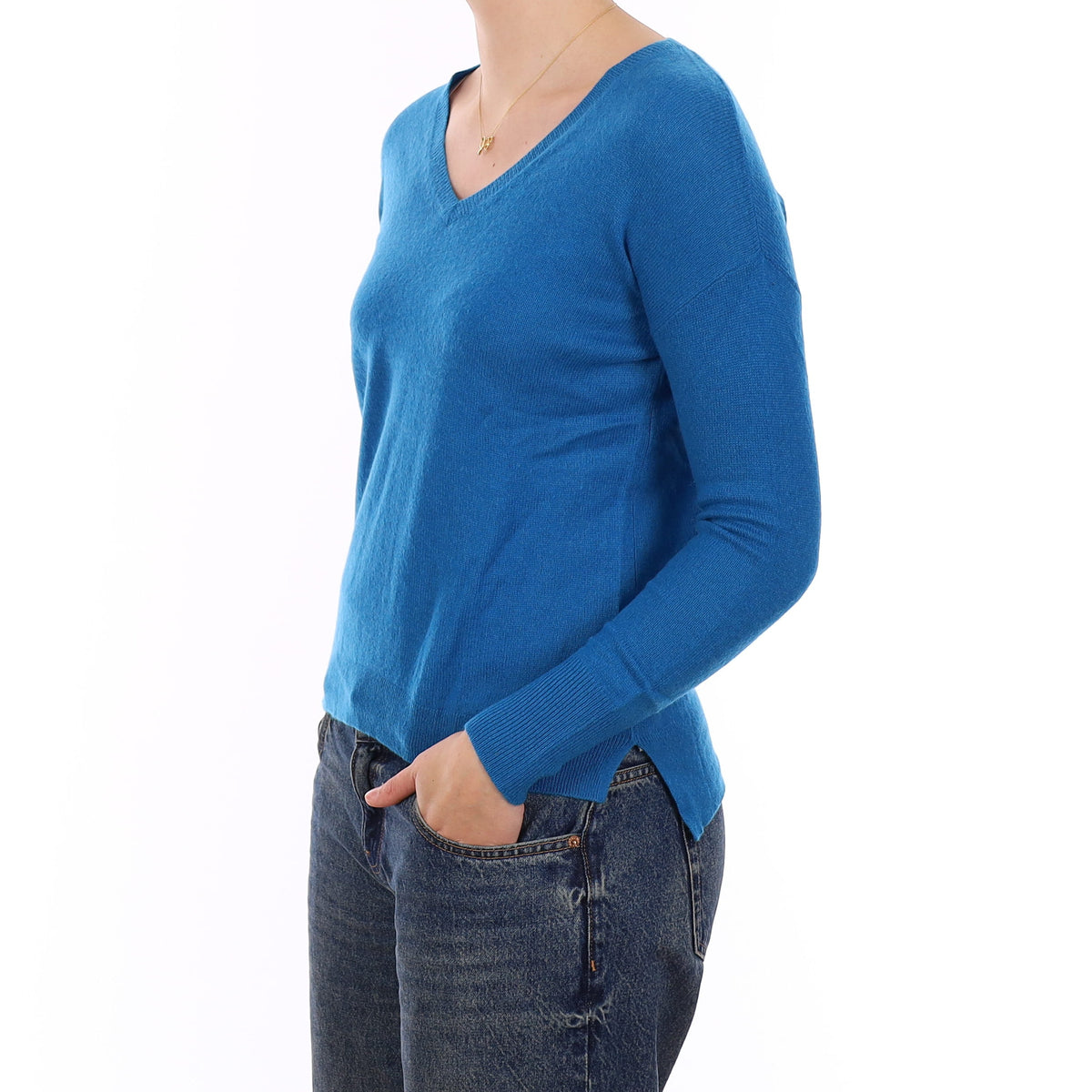 Turquoise Blue Cashmere Drop Shoulder V Neck Jumper Medium