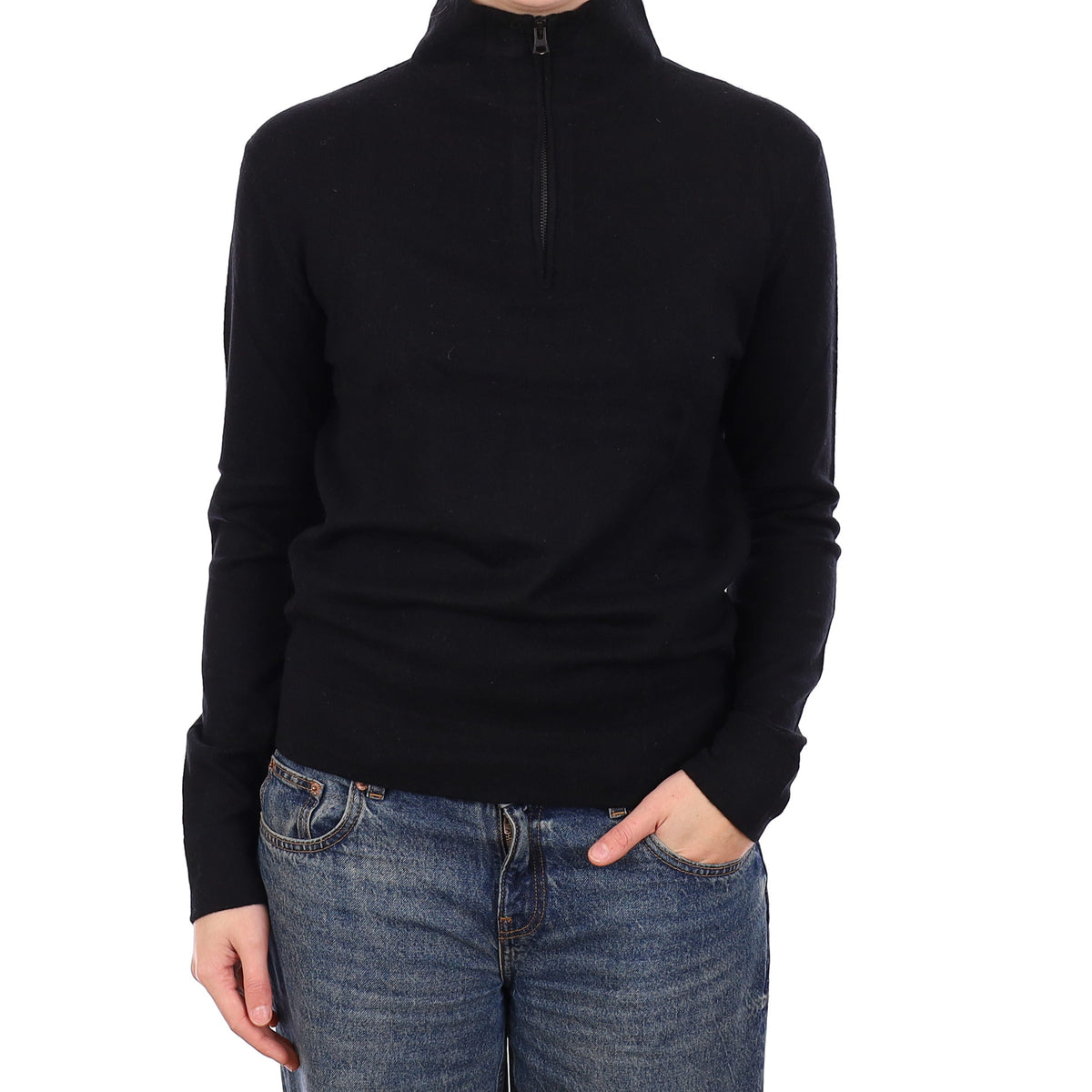 Theory Black Cashmere Longline 1/4 Zip Turtleneck Jumper Medium