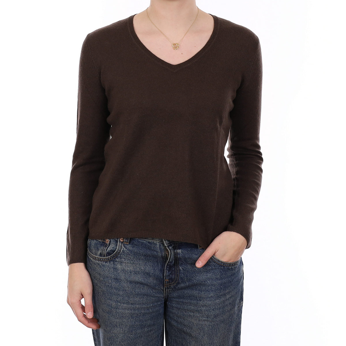 Dark Chocolate Brown Cashmere V Neck Jumper Medium