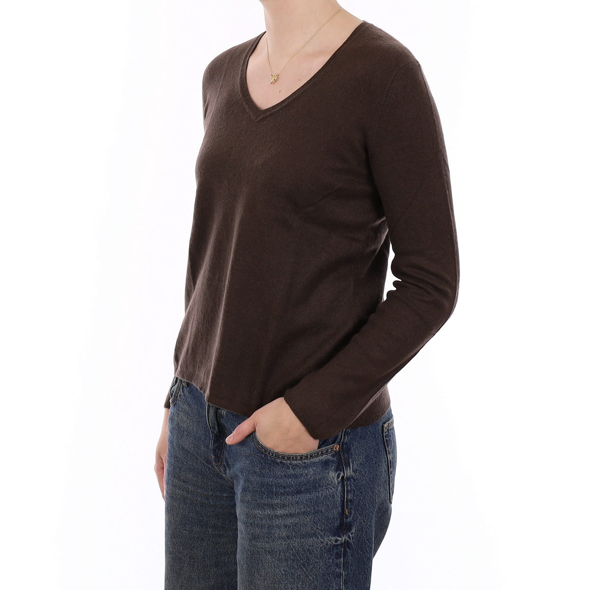 Dark Chocolate Brown Cashmere V Neck Jumper Medium