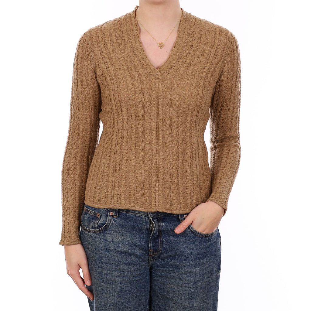 Camel Brown Cashmere Cable Knit V Neck Jumper Medium