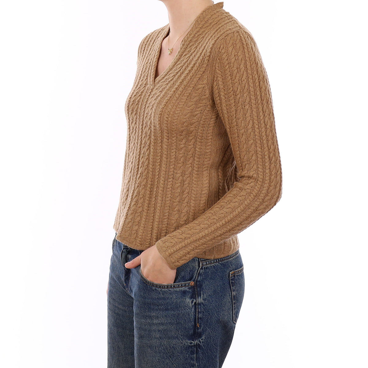 Camel Brown Cashmere Cable Knit V Neck Jumper Medium