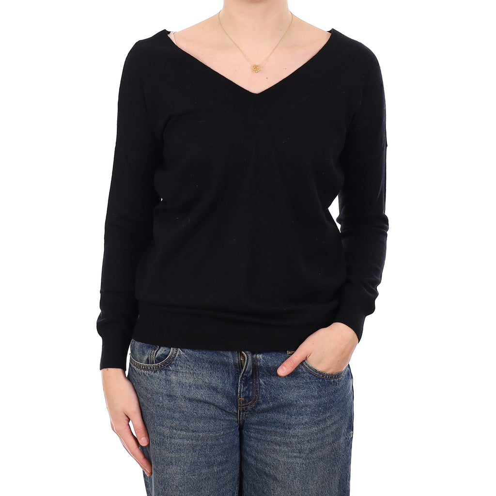 Black Button Feature Cashmere Slouchy V Neck Jumper Medium