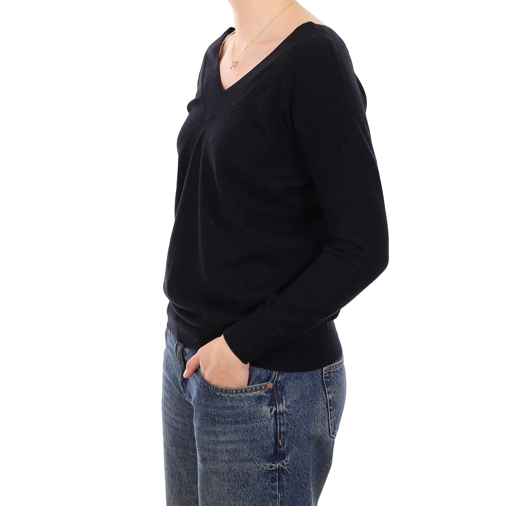 Black Button Feature Cashmere Slouchy V Neck Jumper Medium