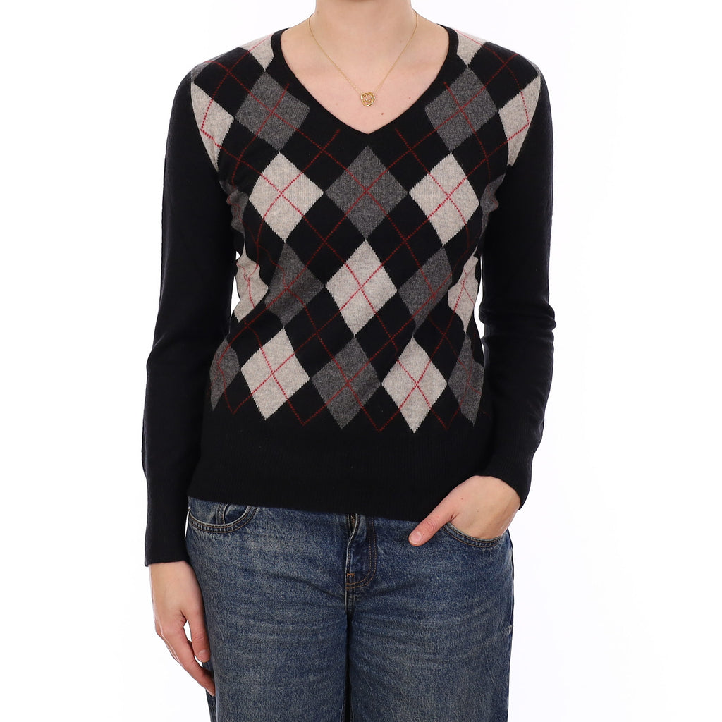 Black and Grey Argyle Cashmere V Neck Jumper Medium