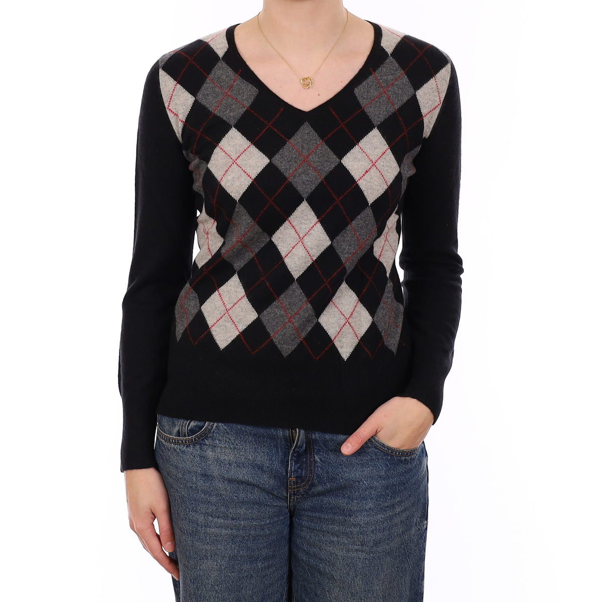 Black and Grey Argyle Cashmere V Neck Jumper Medium