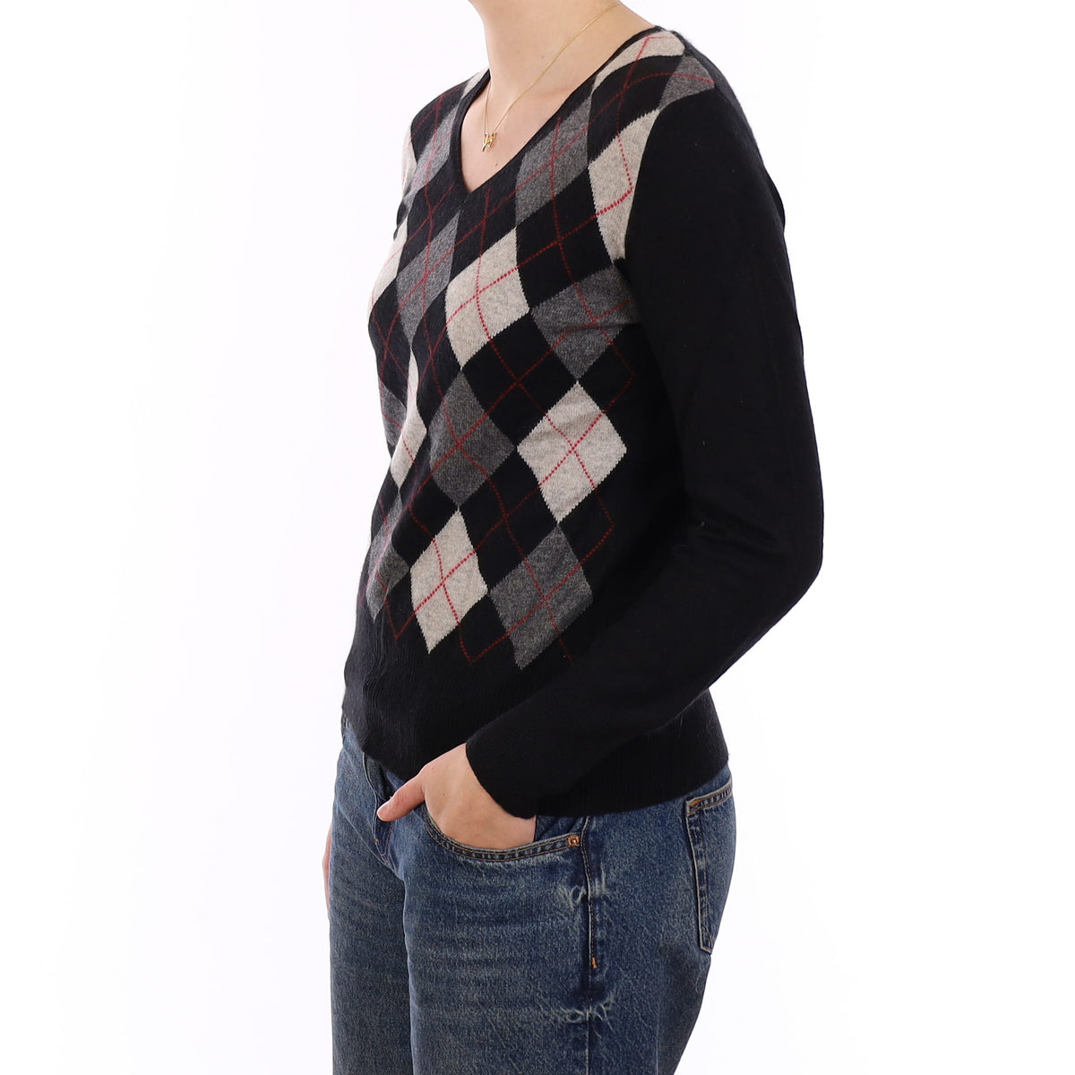 Black and Grey Argyle Cashmere V Neck Jumper Medium