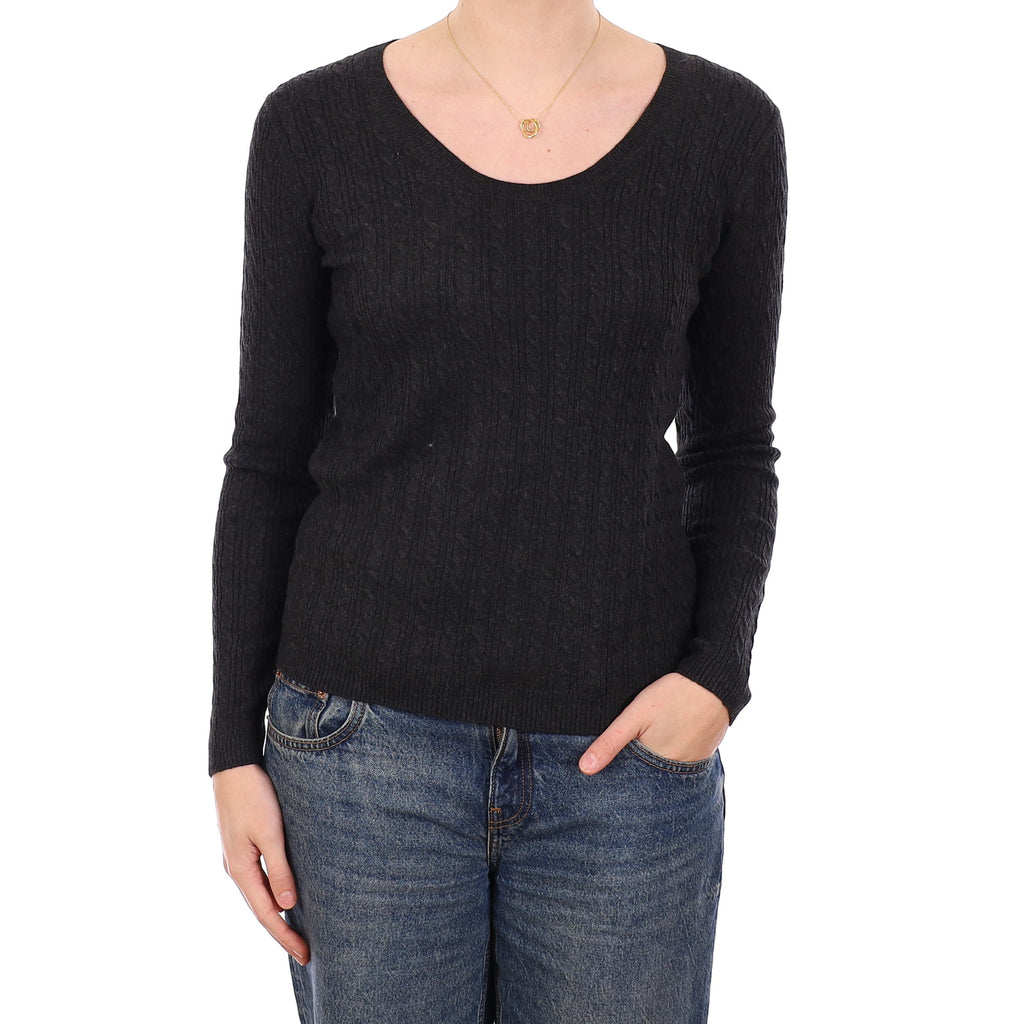 Granite Grey Cashmere Cable Knit Scoop Neck Jumper Medium