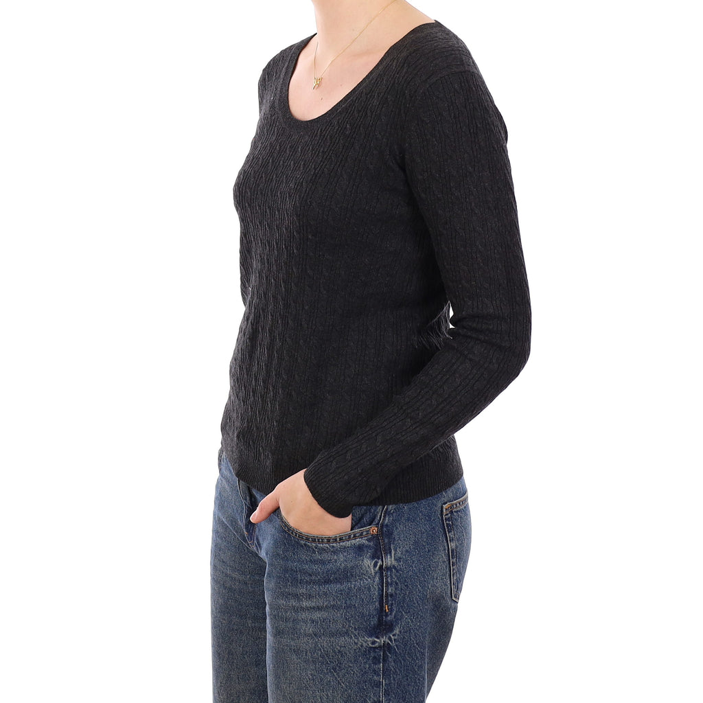 Granite Grey Cashmere Cable Knit Scoop Neck Jumper Medium
