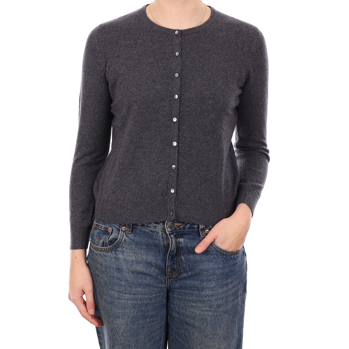 Slate Grey Cashmere Crew Neck Cardigan Medium