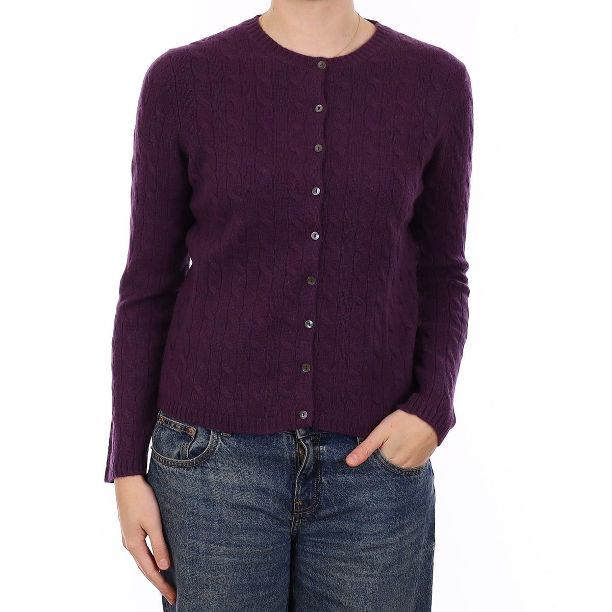 Blueberry Purple Cashmere Chunky Cable Crew Neck Cardigan Medium