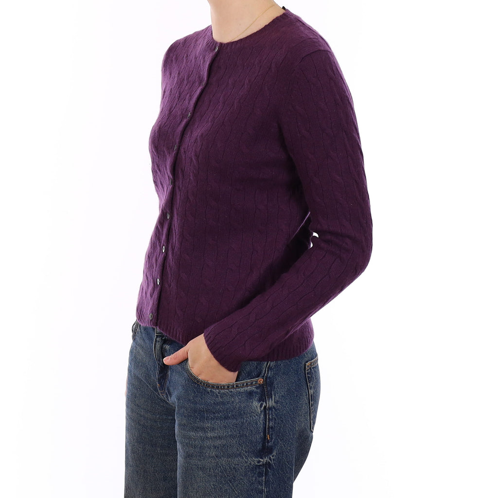 Blueberry Purple Cashmere Chunky Cable Crew Neck Cardigan Medium