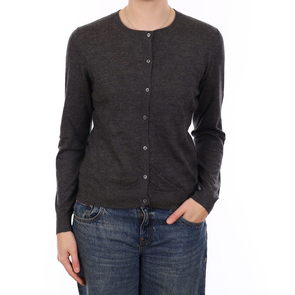 Slate Grey Cashmere Fine Knit Crew Neck Cardigan Medium