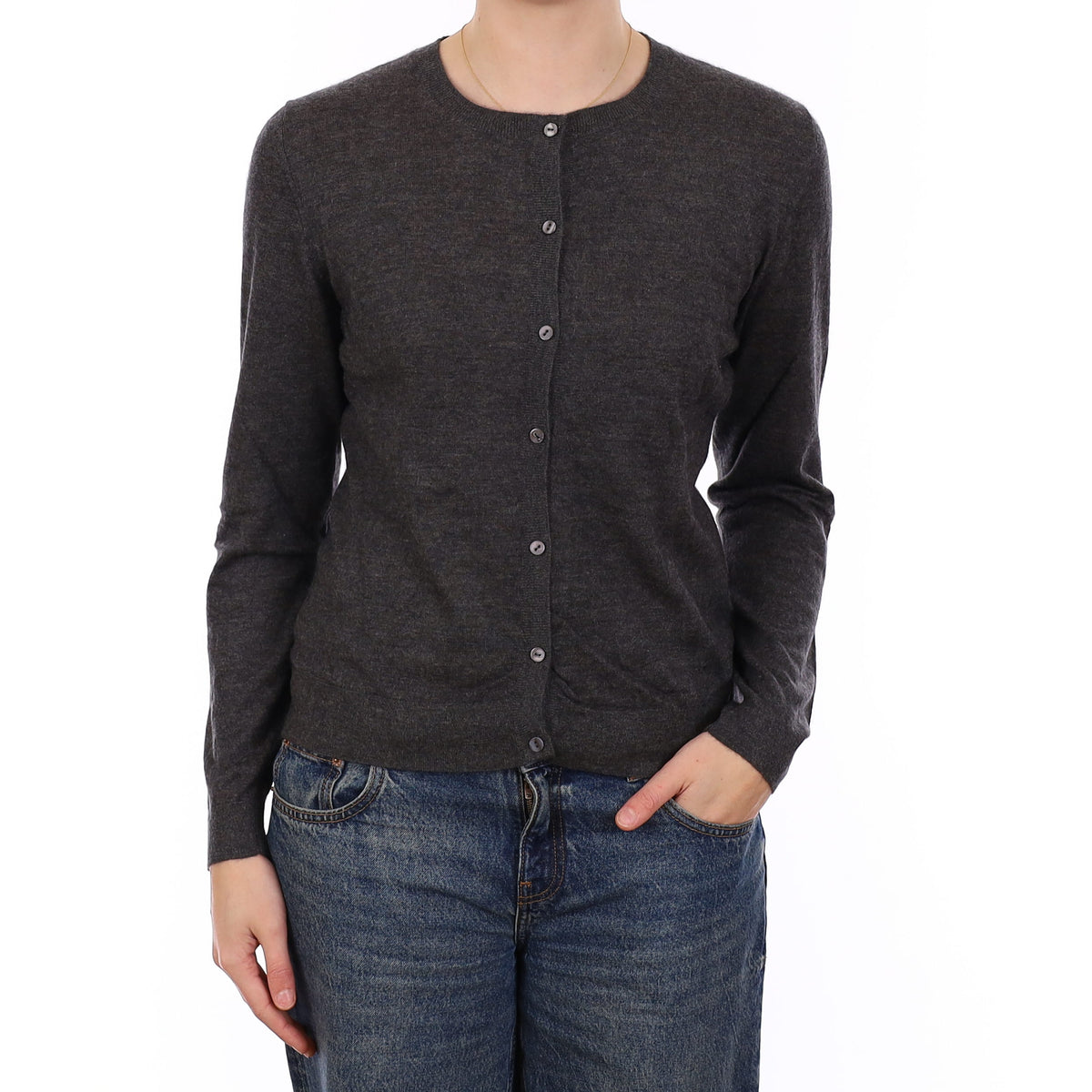 Slate Grey Cashmere Fine Knit Crew Neck Cardigan Medium