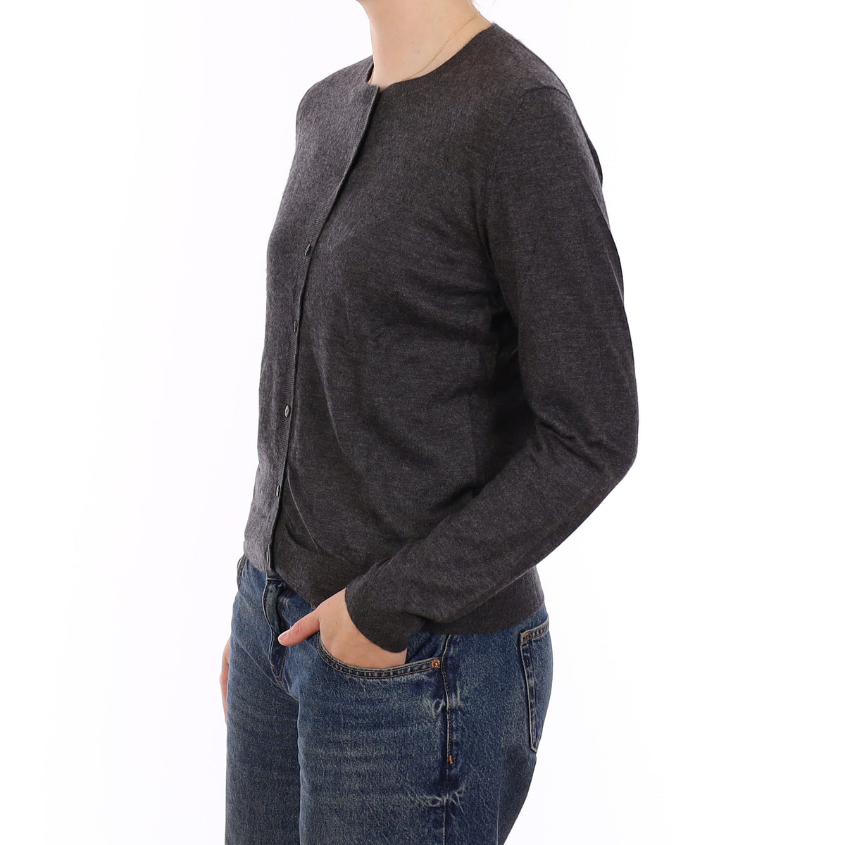Slate Grey Cashmere Fine Knit Crew Neck Cardigan Medium
