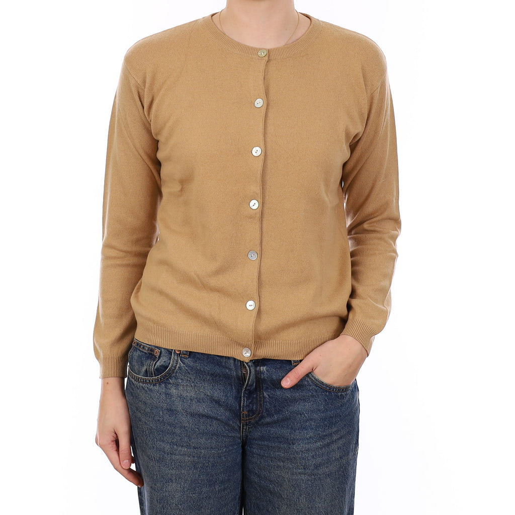 Camel Beige Cashmere Crew Neck Cardigan Medium