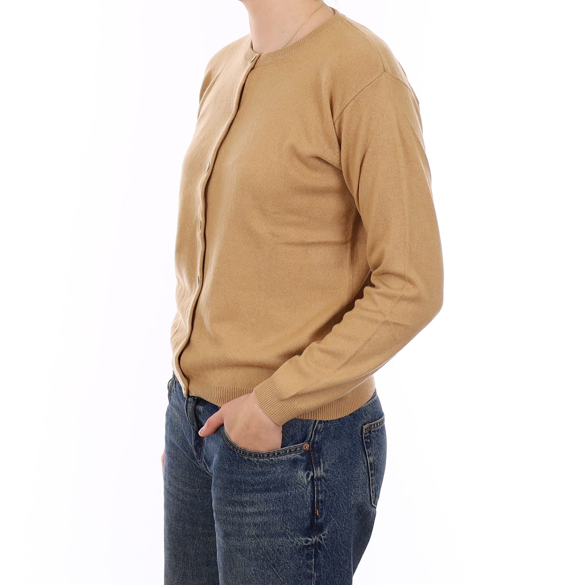Camel Beige Cashmere Crew Neck Cardigan Medium